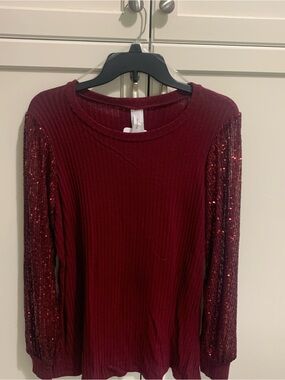Honeyme Burgundy Ribbed Top with Sequin Long Sleeves